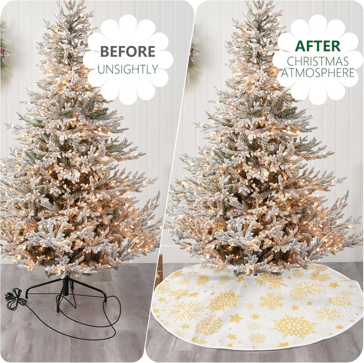 Christmas Tree Skirts 48 Inch, Xmas Tree Base Cover Mat for Christmas Tree, Snowflake Christmas Tree Skirt for Holiday Ornament for Xmas Party Christmas Decorations (120cm, Yellow Snowflake)