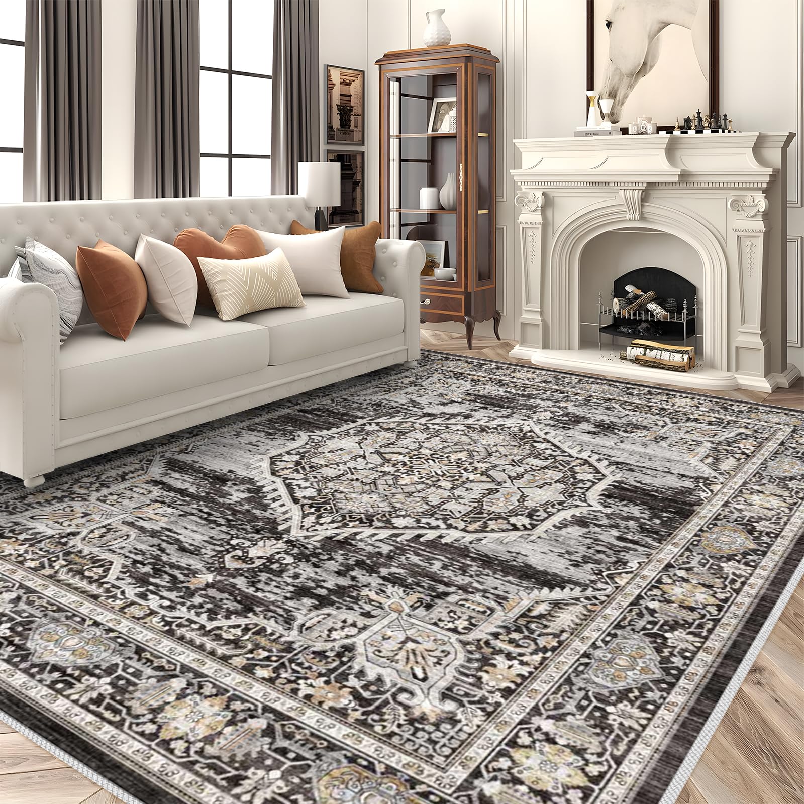 Washable Rugs 9x12 Area Rug?Large Rugs for Living Room - Oriential Distressed Printed Floral Carpet - Non Slip with Rubber Backing Area Rug 9'x12' Black