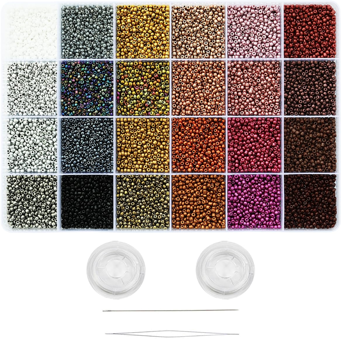 VOOMOLOVE12/0 Glass Seed Beads About 15800pcs 24 Colors 2mm Loose Seed Beads Kit Bracelet Making Beads with 24-Grid Plastic Storage Box for Jewelry Making（24 Colors）