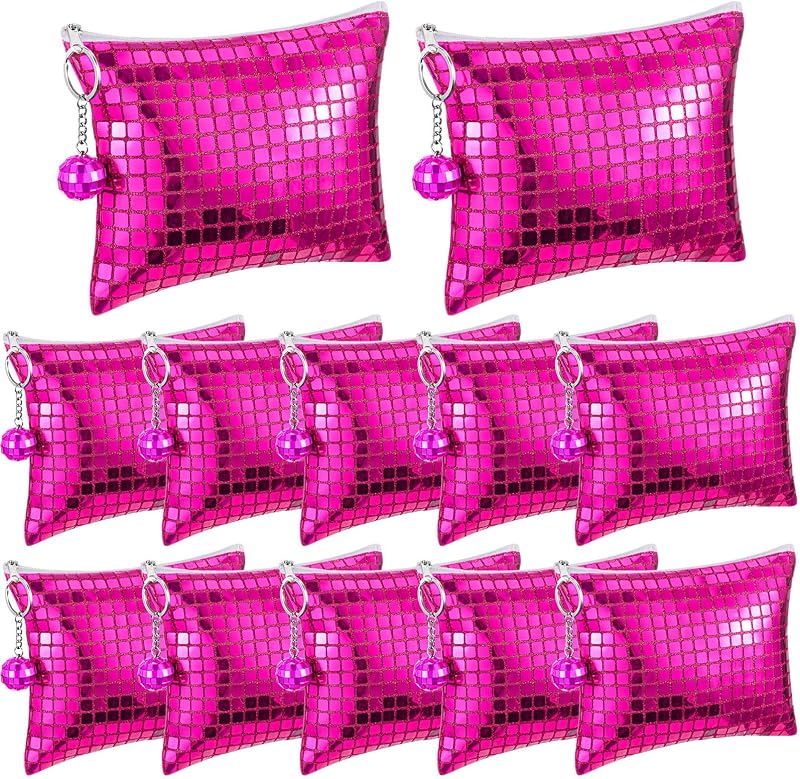 Locmeo 12 Necessaires de Maquiagem com Paetês e Chaveiro de Bola de Disco, Rose Red