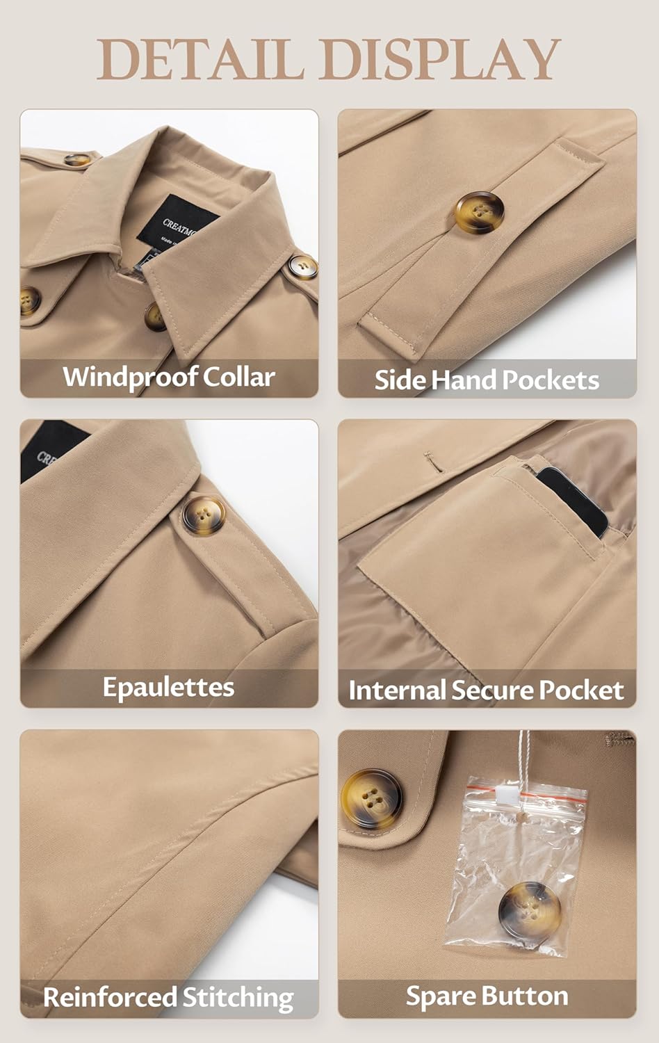 CREATMO US Women's Cropped Trench Coat Classic Double Breasted Lapel Jacket Water Repellent Outerwear - Image 7