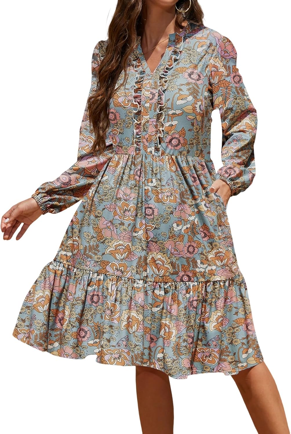KETAWAK Womens Fall Boho Dresses 2025 Lightweight Long Sleeve Ruffle V Neck Tiered Boho Vacation Long Dresses with Pockets