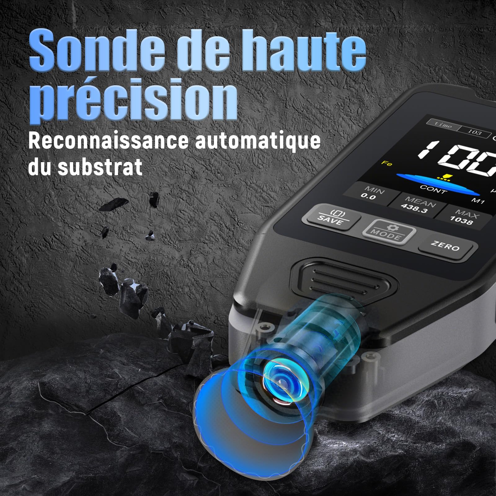 CTG-20 Jauge d’Épaisseur de Peinture pour Voiture, Fe/NFe/Fe+Zn, 0-1400μm Testeur Revêtement Carrosserie, Précision ±(3%+2 μm), Résolution 0,1μm, Deux Modes de Mesure, Étalonnage Zéro/Multi-points