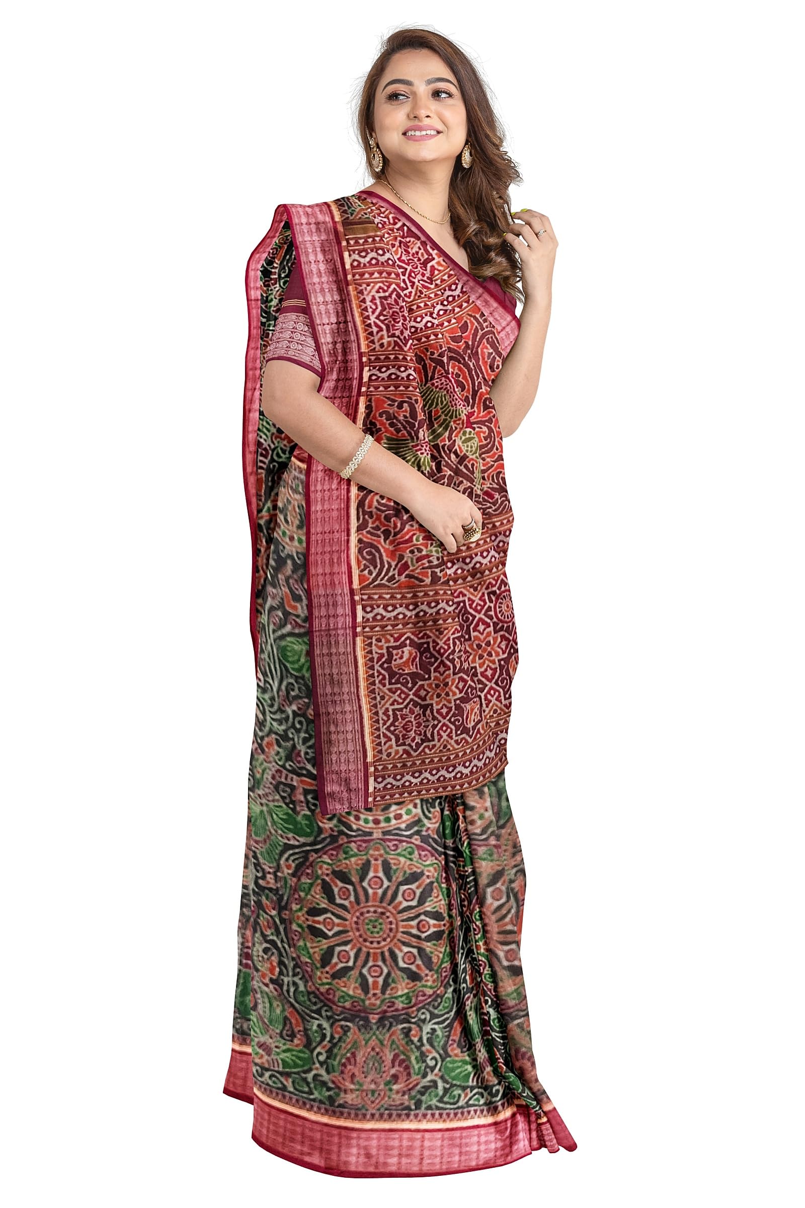 odikala Exclusive Sambalpuri Cotton Saree with Blouse Piece, Coffee and Maroon, Odissi Dance Nartaki, Konark Temple and Wheel Design-picture-53