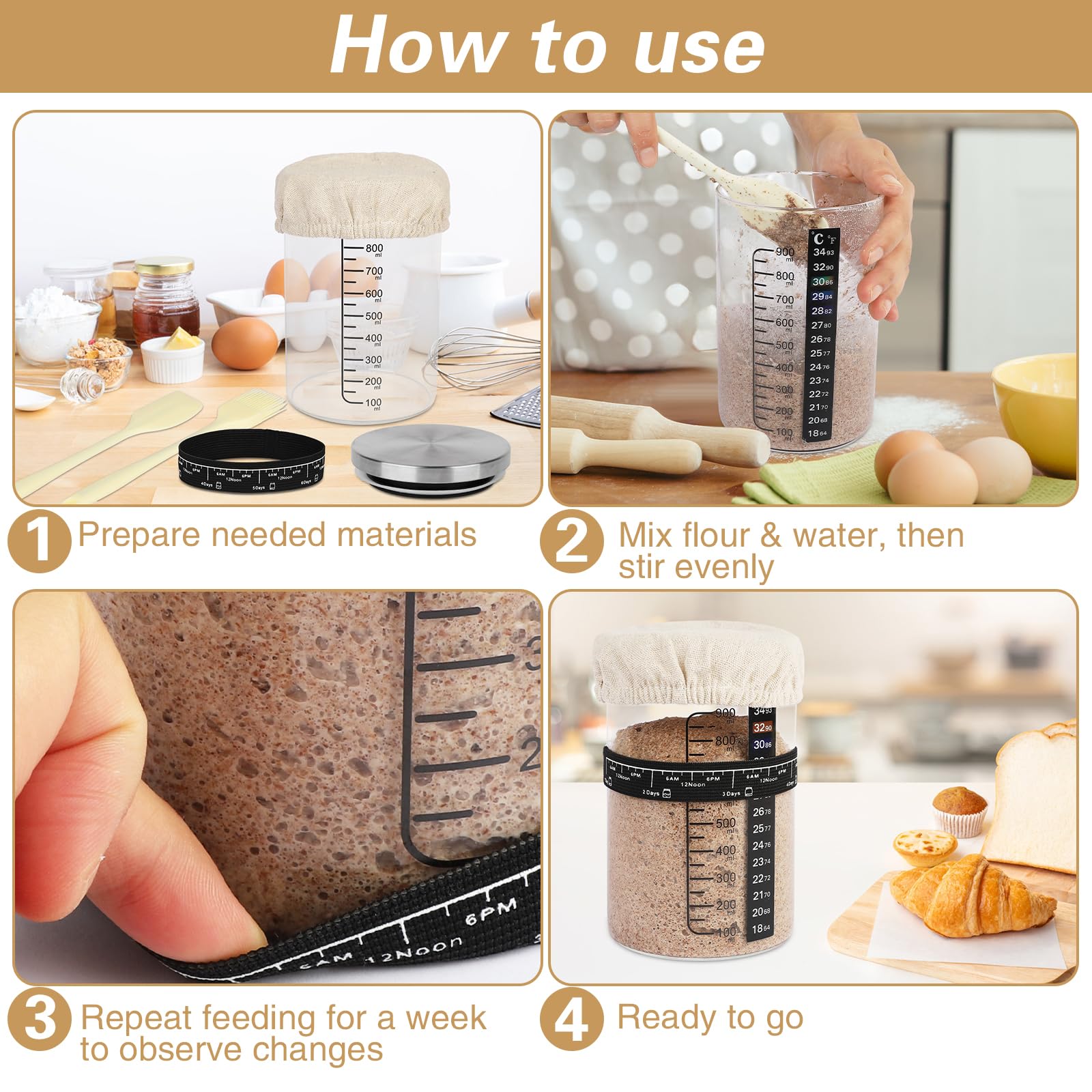 SSYR&P Sauerteig-Starter set,Brot Backen Zubehör, Spatel u, Thermometer, Fermentierglas,Brotliebhaber für Anfänger, Back-Starter-Set,Sourdough Starter Kit (Abdeckung aus Edelstahl)