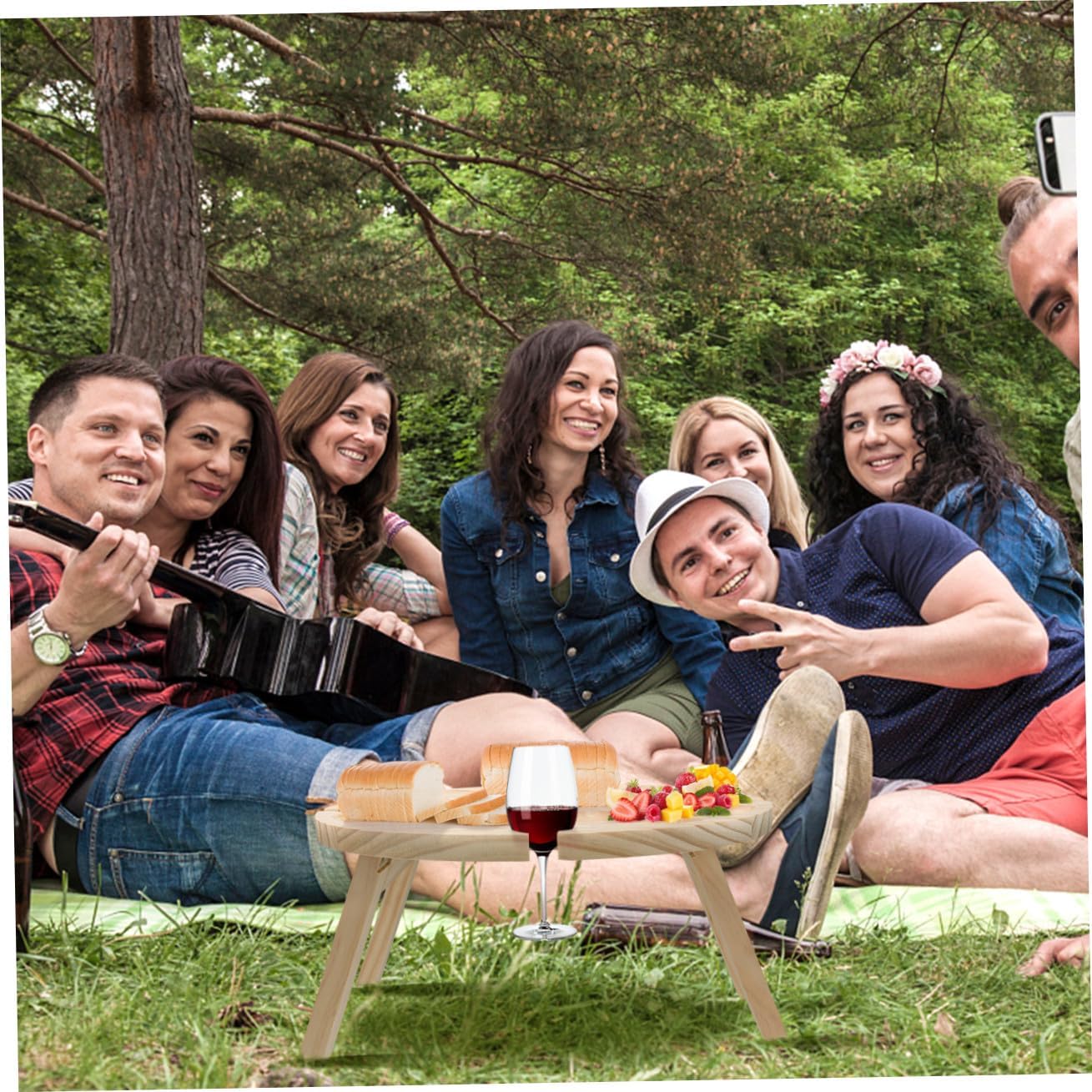 Sosoport Portable Foldable Wooden Wine Table for Picnic Outdoor Dining with Wine Glass Rack Khaki Wood Serving Desk