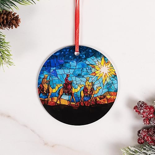 Miniatura 2 de Three Wise Men - Adorno de Navidad acrílico estilo vitral - Magos redondos de 3.5 pulgadas siguiendo la estrella - Decoración católica de árbol de