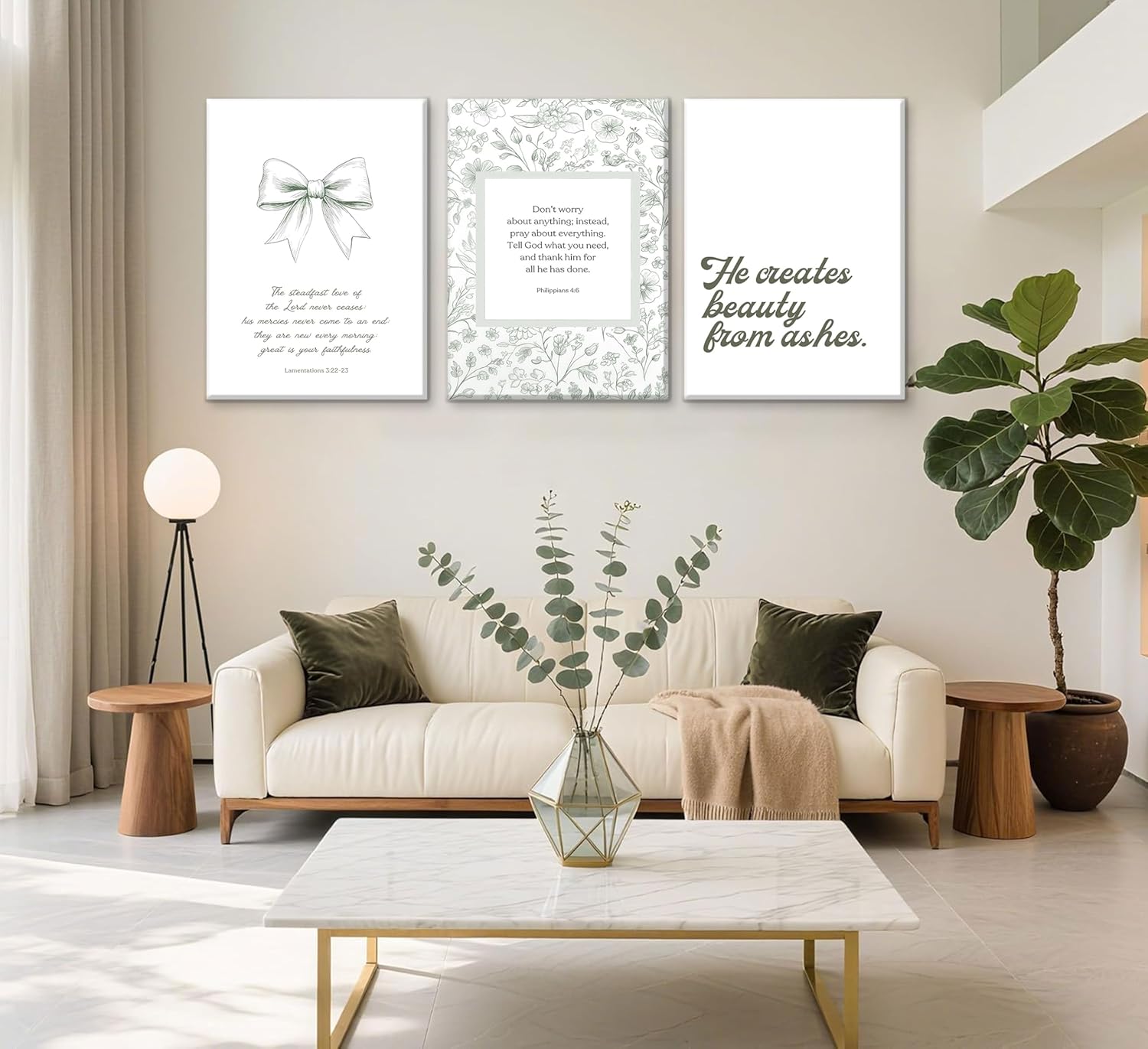 3Pcs Bible Verse Wall Art Christian Canvas Posters Nursery Scripture Picture Religious Wall Decor Bow Floral Prints Boho Minimalist Aesthetic Artwork for Bedroom Living Room Dorm Framed