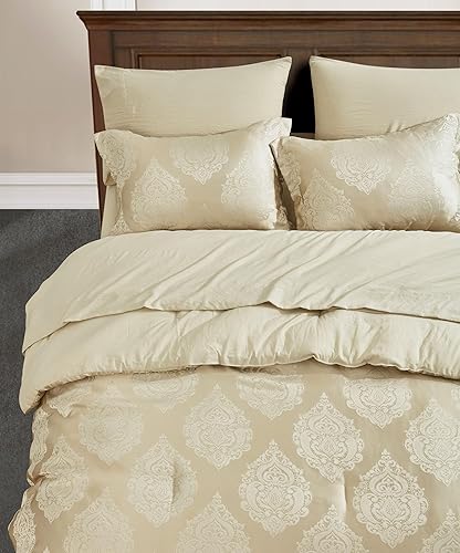 Miniatura 3 de Chezmoi Collection Juliette - Juego de edredón de 7 piezas en una bolsa, tamaño King, juego de edredón jacquard de medallón de lujo con sábanas para