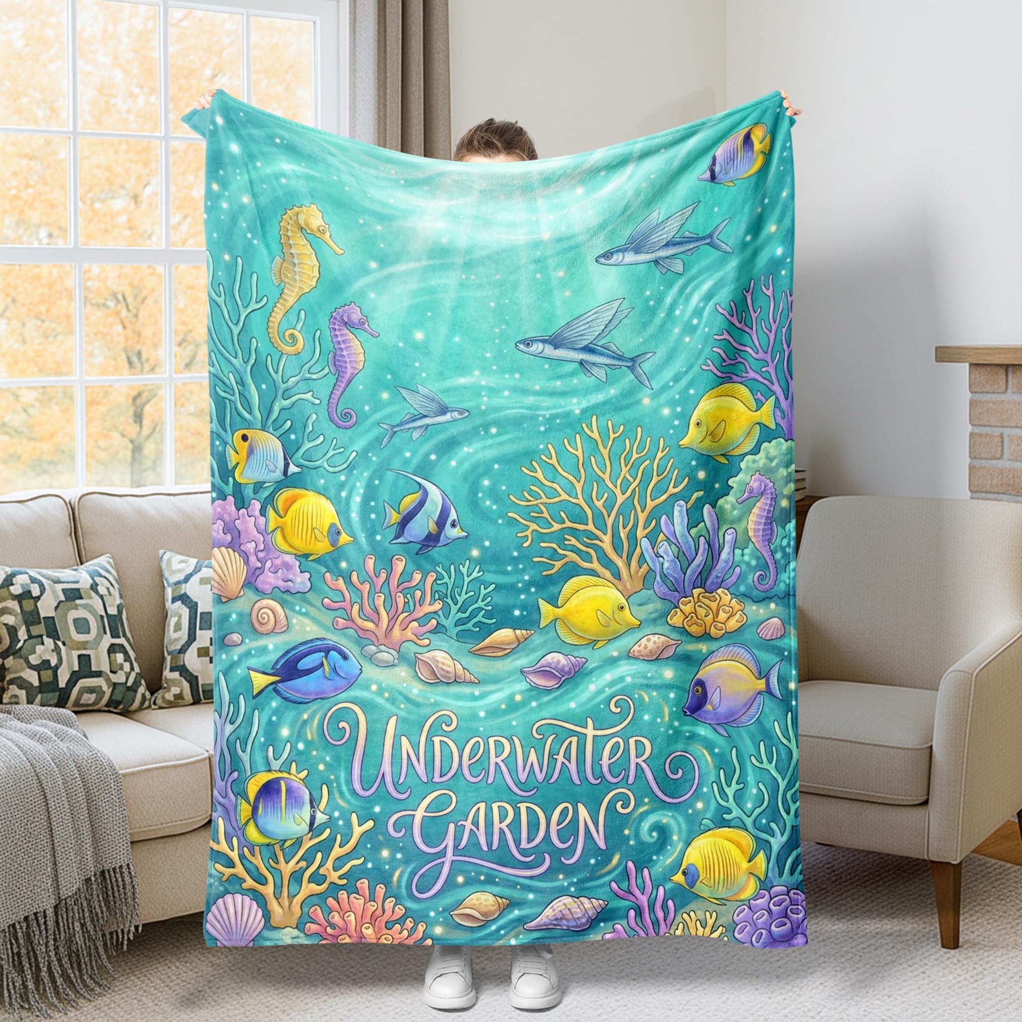 Couverture turquoise motif poisson pour un canapé estival et frais