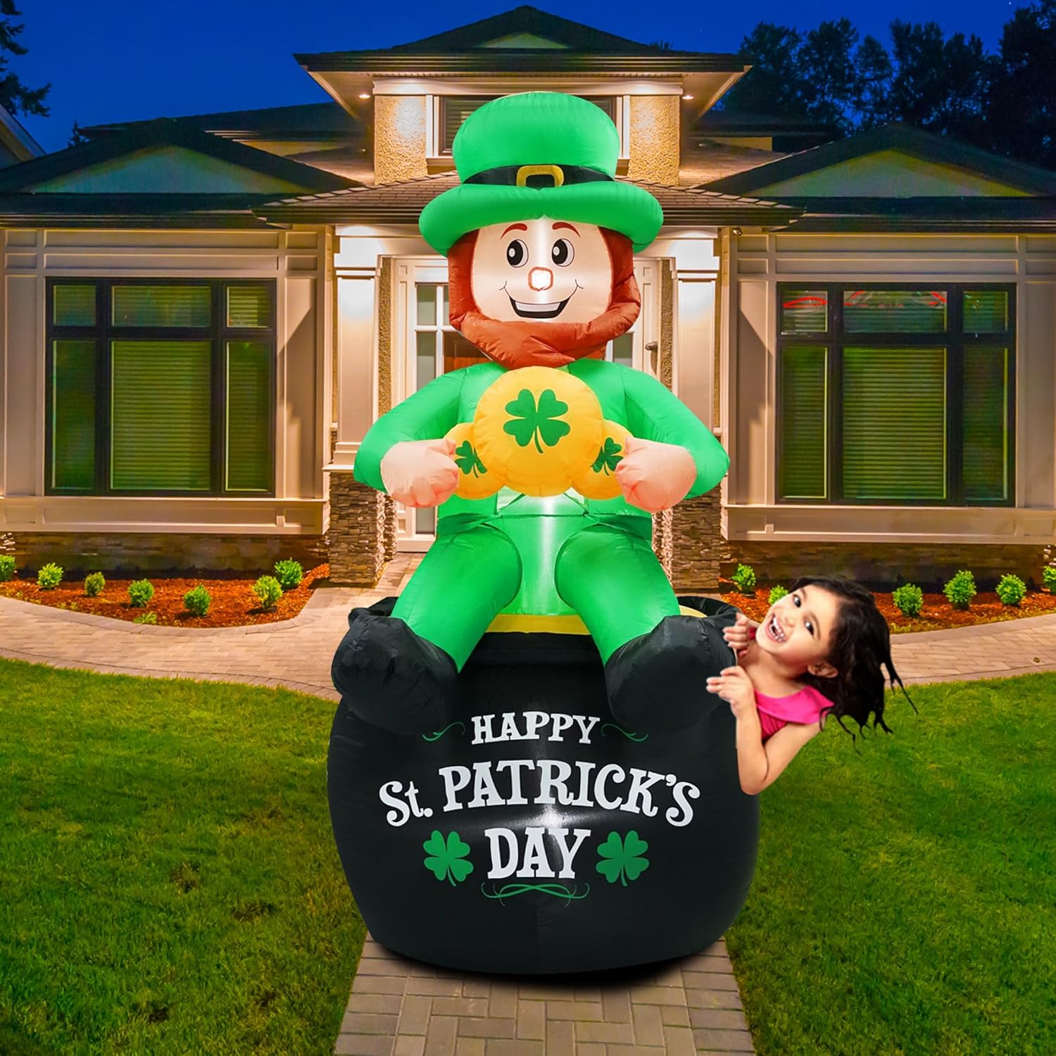 6FT Tall St. Patricks Day Inflatables Leprechaun Holding Lucky Shamrock Sitting on The Pot of Gold Built-in LED Lights for St. Patricks Day Decorations Outdoor - Image 6