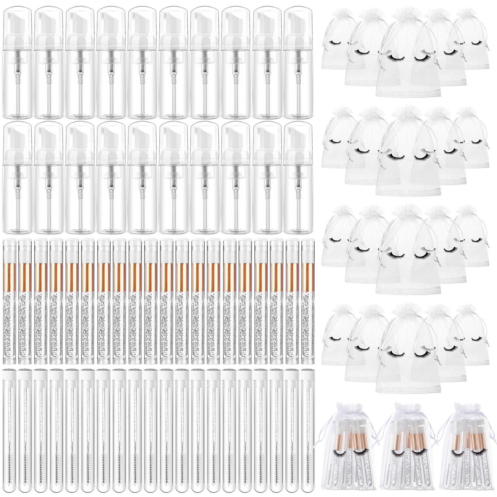 Zhehao 80 Pcs Lash Shampoo Bottle Brushes Kit 20 Foam Pump Dispensers 20 Lash Shampoo Brushes 20 Eyelash Aftercare Bag 20 Cleaning Pipes, Eyelash