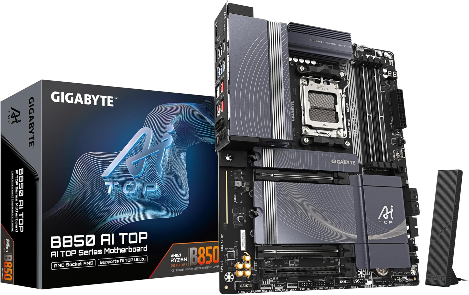 Gigabyte B850 AI TOP Motherboard - AMD Ryzen 9000 Series CPUs, 16+2+2 Phases Digital VRM, up to 8600MHz DDR5 (OC), 2xPCIe 5.0 + 1xPCIe 4.0 M.2, 10 LAN, WIFI 7, USB 3.2 Gen 2x2