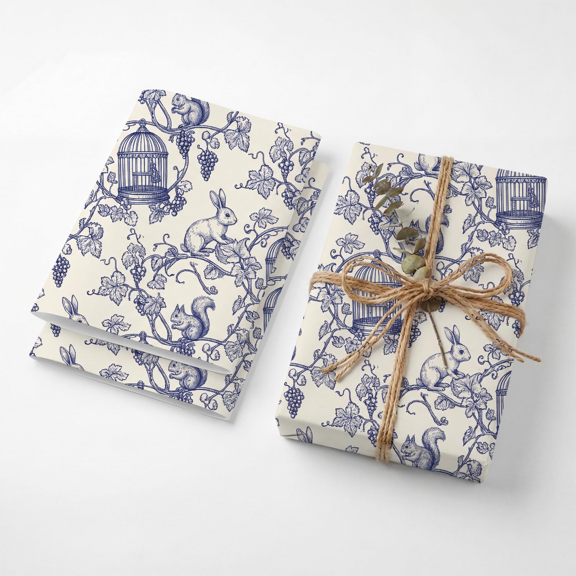 SHSEEN Vintage Blue Toile Bunny Wrapping Paper, 19.6 x 27.5 in, 2 Sheets — image 1