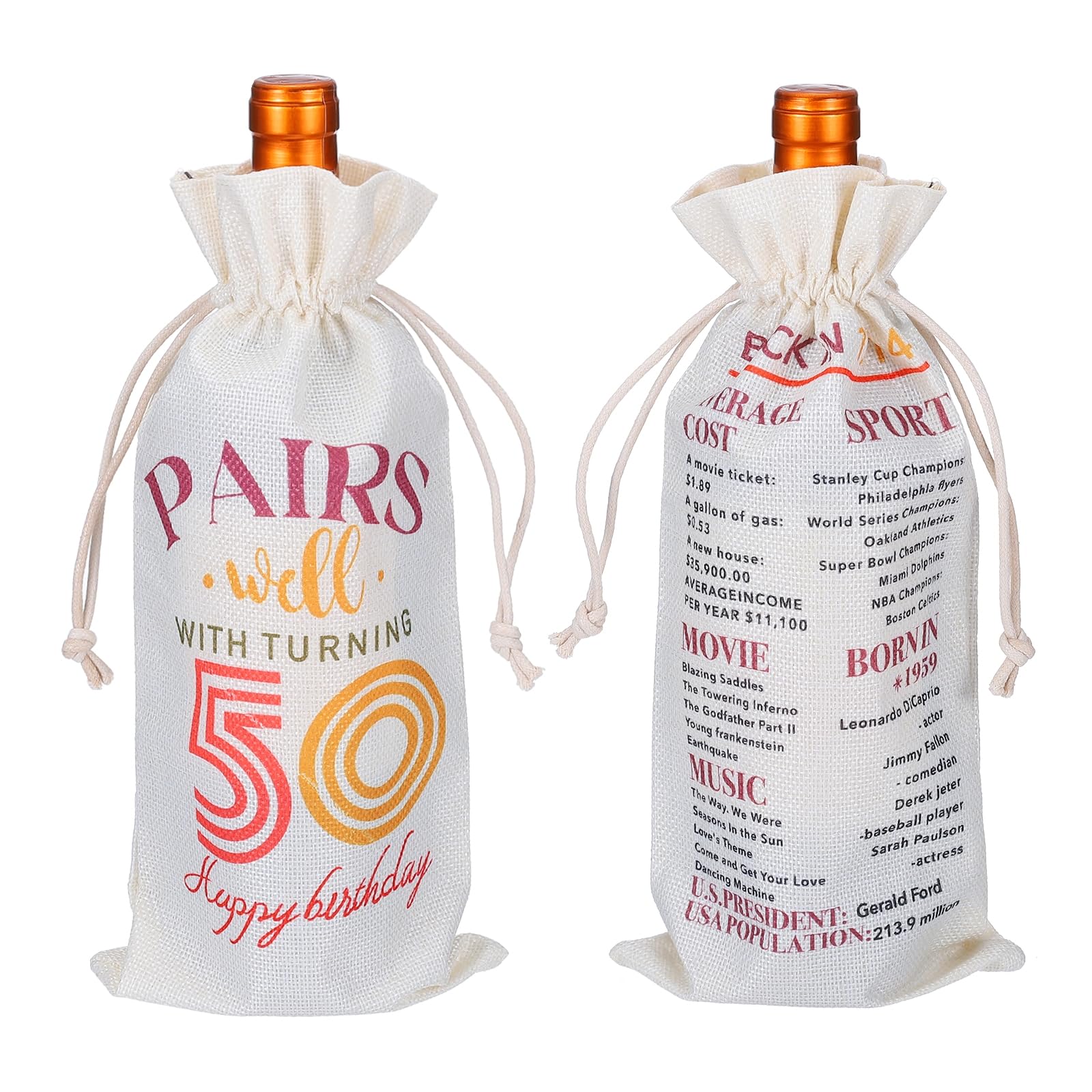 PATIKIL Happy 50th Birthday Gifts Wine Bag for Women Men, 50 Year Old Birthday Decorations Gifts Wine Bottle Bag for Her Him Anniversary Party Supplies, Beige