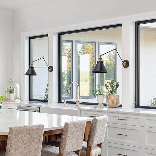 Miniatura 8 de Paquete de 2 apliques de pared negros, lámpara de pared con brazo oscilante ajustable con enchufe industrial moderno o cableado con acabado de latón