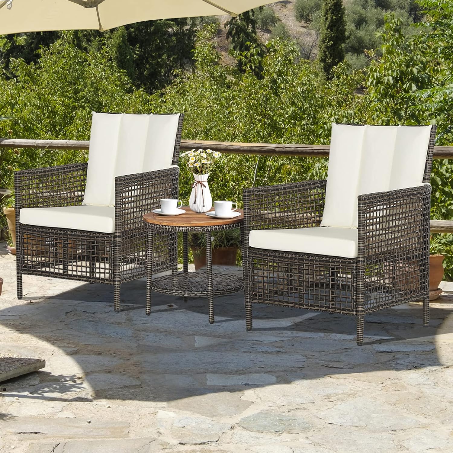 Tangkula 3 Piece Patio Conversation Set, Outdoor Rattan Chair Set W/ 2-Tier Coffee Table, Acacia Wood Tabletop, Cozy Seat & Back Cushions, Wicker Sofa Set for Backyard Poolside Front Porch (Off White)