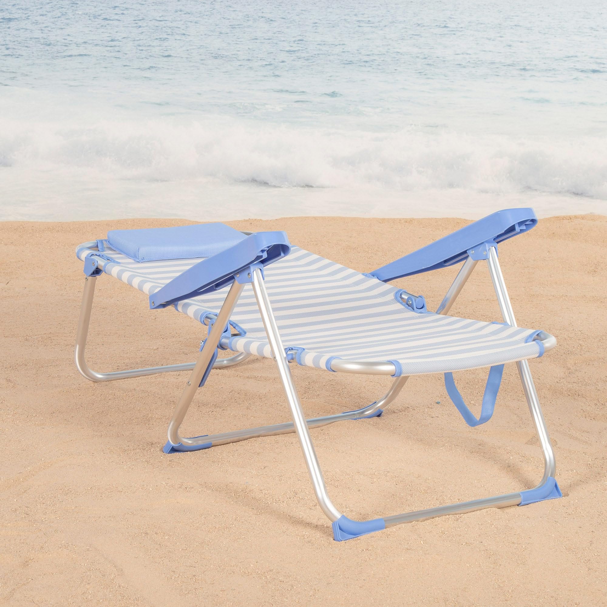 AKTIVE Silla de Playa Plegable, Rayas marineras, 48x60x90 cm, 5 Posiciones, Aluminio y textileno, Antivuelco, Soporta 110 kg, Cojín, Asa Transporte, Bolsillos, Tumbona jardín (62548)