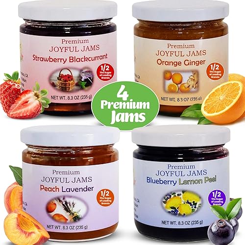 Miniatura 4 de Caja de regalo de mermelada premium gourmet (paquete de 4 deliciosos sabores) – grosella negra fresa, cáscara de arándano y limón, naranja-jengibre,