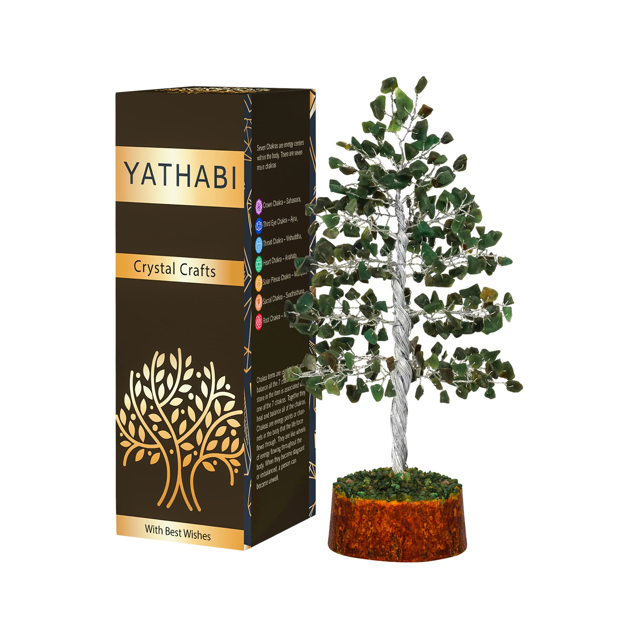 YATHABI Green Aventurine Chakra Tree Figurine Balancing Aura Cleansing Handmade Spiritual Gift Crystal Peaceful Feng Shui Money Bonsai Gems Reiki Healing Fortune Prosperity Wealth Stone Size 10 Inch