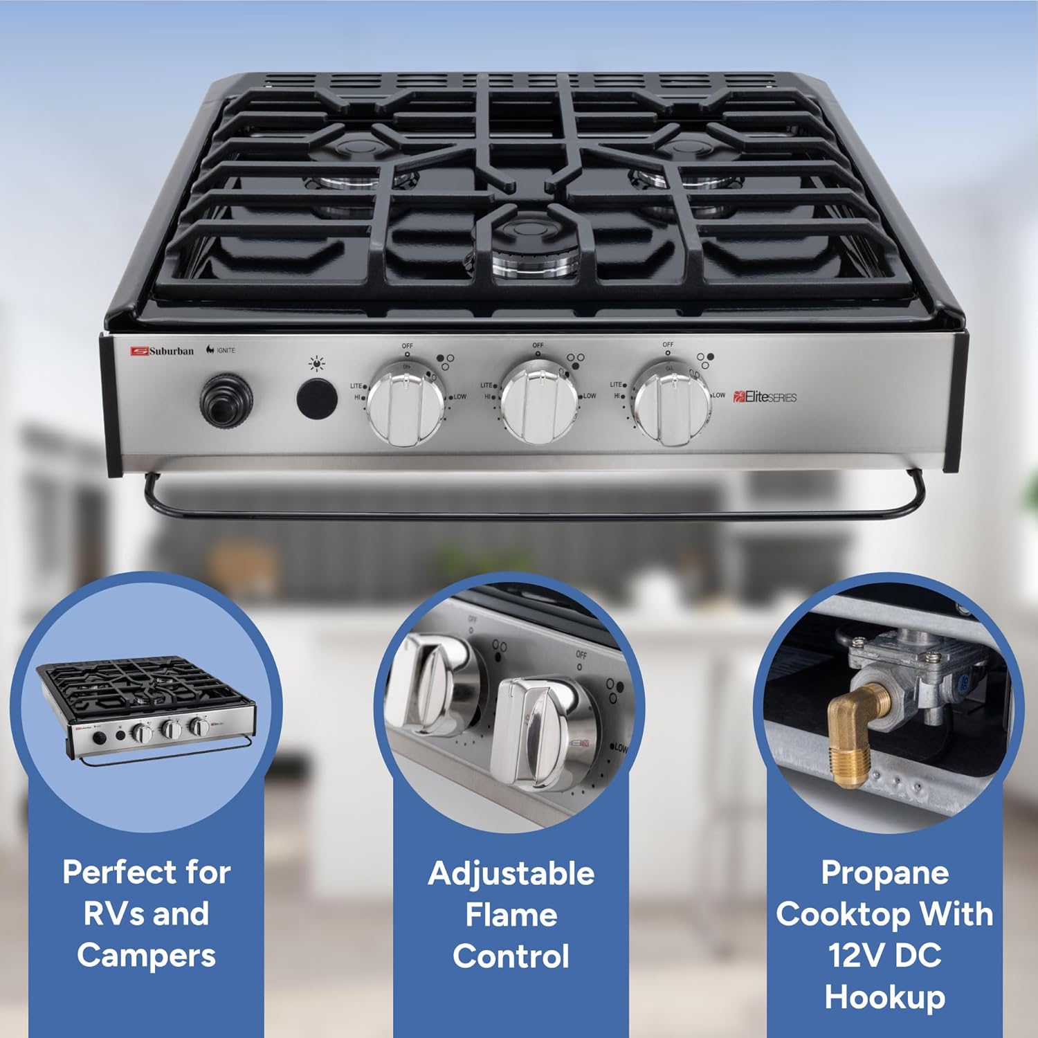 RecPro Suburban RV 3 Burner Propane Gas Cooktop | Slide-In Black Triple Burner Stove | 9000 BTU Front Burner, Dual 6500 BTU Rear Burners | Piezo Ignition | 12V DC