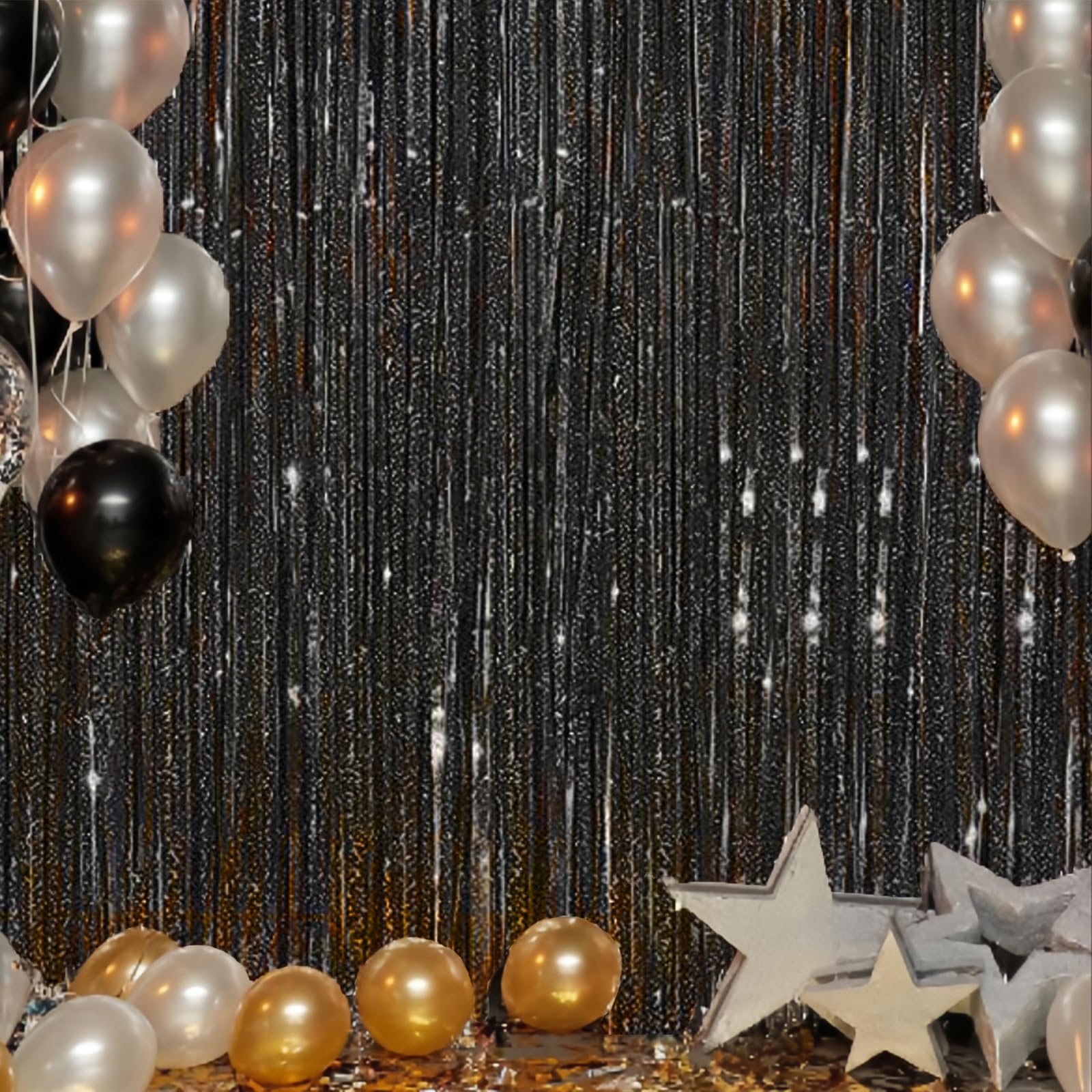 2 Pack Black Fringe Curtains - 3.3x8.3 Ft Foil Fringe Backdrop For Parties & Events