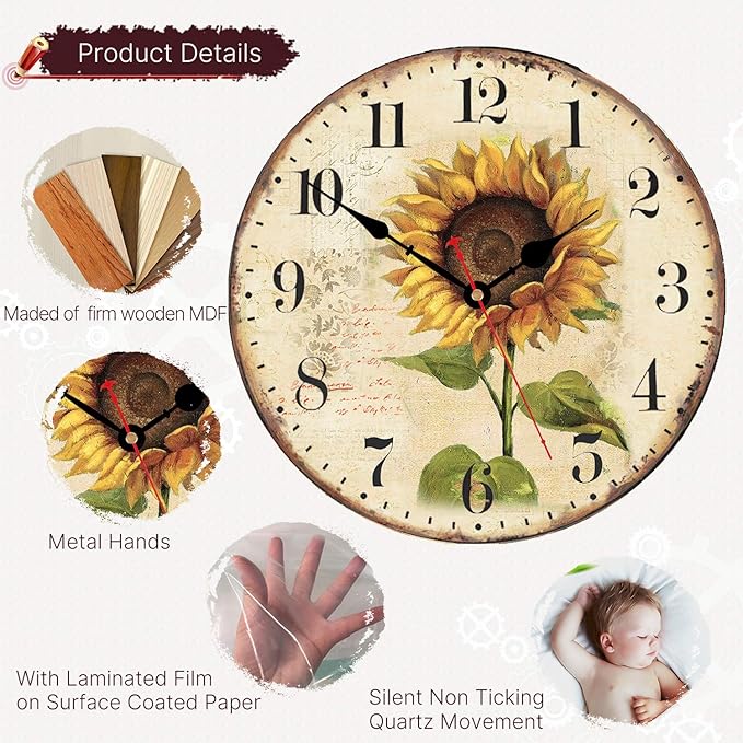 Reloj de Pared VIKMARI 14 pulgadas Analógico Madera Silencioso miniatura 4