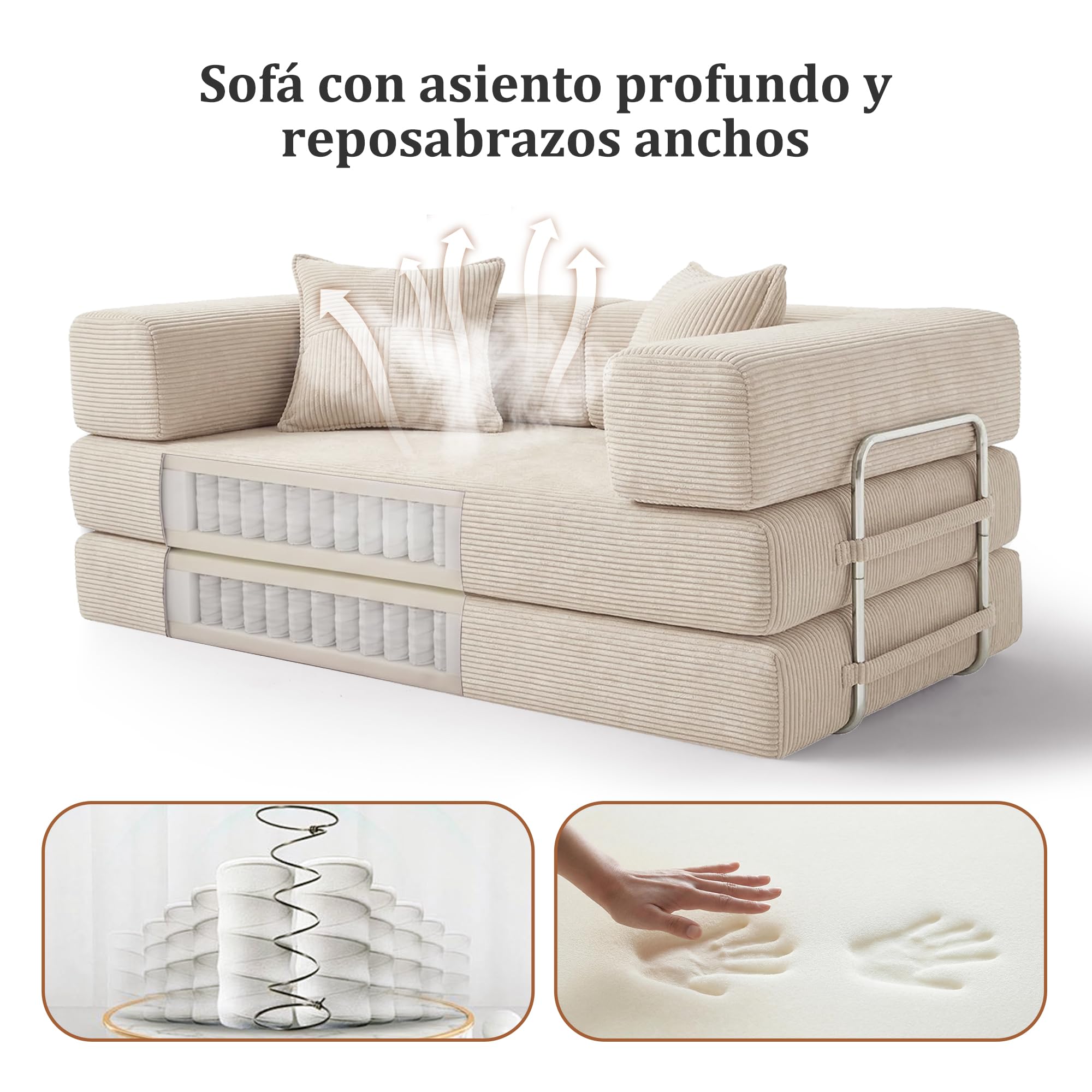 Vipbear Sofá Cama de Suelo 160cm,Plegable de Boneless de 2 plazas,Blanco | Desmontable,Plegable 5 en 1,Pana,Modular