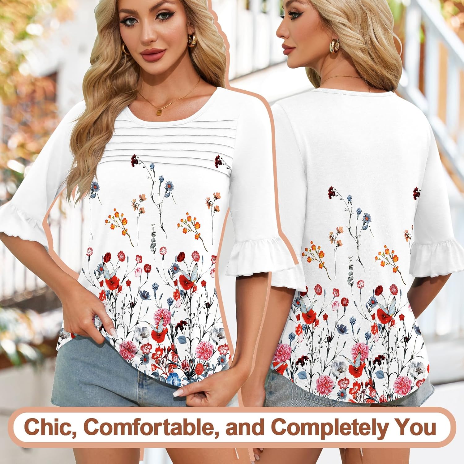 Blingfit Womens Tops 3/4 Length Sleeve Dressy Casual Shirts Bell Sleeve Front Pleated Fasion Trendy Summer Blouses 2026 - Image 3