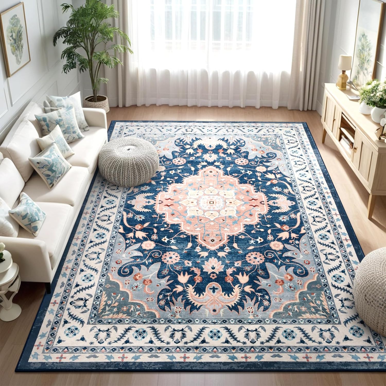 Vintage Design Area Rugs for Living Room, 5x7 Machine Washable Floral Traditional Bedroom Rug, Low Pile Non Slip Soft Indoor Print Carpet for Entryway, Office, Kitchen, Home Decor, Grey/Blue Grey/Blue 5' x 7' (Rectangular)