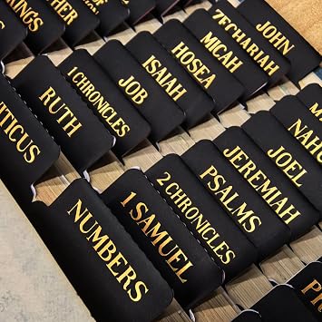 Laminated Bible Tabs, Gold Foil Embossed Lettering Bible Index Tabs for Women Men, Reposition Large Print Sticky Labels, Easy to Read and Apply, 105 Labels for Easy Navigation, Black