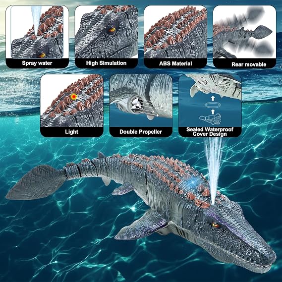 2.4GHz Remote Control Mosasaurus Boats, RC Mosasaurus Toys with Water Spray, RC Electric Dinosaur Toy Boat for Kids, Dual Propellers, Bath Pool Ocen and Lake Toys (Grey)