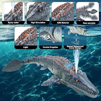 2.4GHz Remote Control Mosasaurus Boats, RC Mosasaurus Toys with Water Spray, RC Electric Dinosaur Toy Boat for Kids, Dual Propellers, Bath Pool Ocen and Lake Toys (Grey)