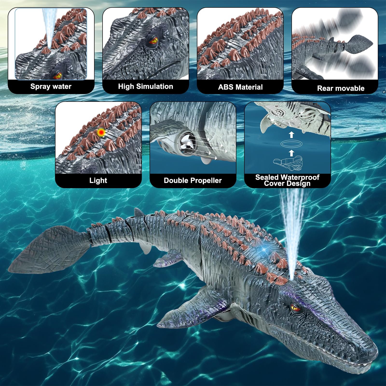 Barca Telecomandata Mosasaurus 2.4GHz con Luce & Spray, RC Barca Telecomandata Dinosaur per Bambini, Regalo di Natale e Compleanno, Piscine e Laghi Giocattolo Spruzzare Acqua (Grigio)