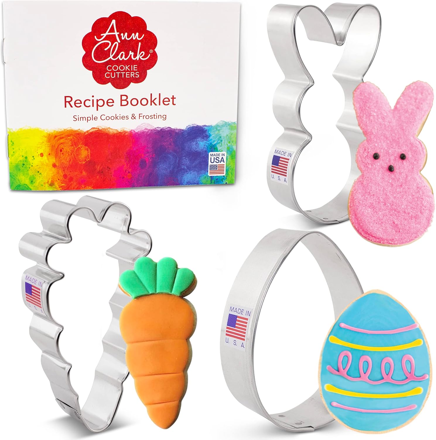 Ann Clark Easter Cookie Cutters 3-Piece Set - Bunny, Carrot, Egg - Metal, Made in USA