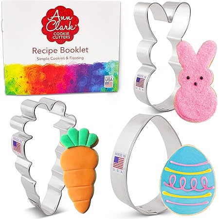 Ann Clark Cookie Cutters 3-Piece Easter Fun Cookie Cutter Set with Recipe Booklet, Easter Bunny, Egg and Carrot