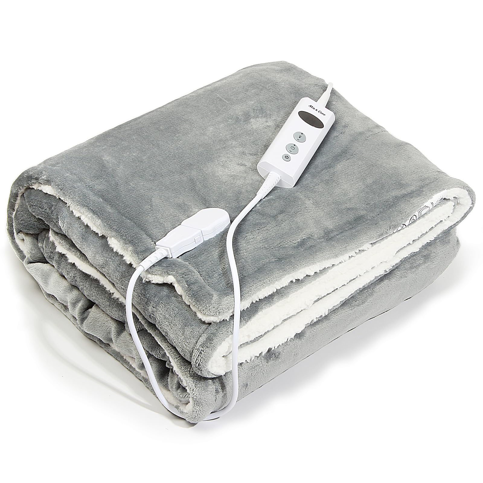 Mia&Coco Electric Heated Blanket Throw Flannel Sherpa Fast Heating 120x160cm, 10 Heat Levels & Up-to-9-Hours Auto-Off Timer & LED Display, for Home Office Use, Machine Washable, ETL Certified, Gray