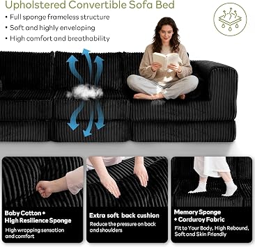 STHOUYN Modular Cloud Sofa Sectional Couch with Ottoman & Higher Backrest, Modern Boneless Couches for Living Room Set Corner Sofa (Black, 36 Inches)