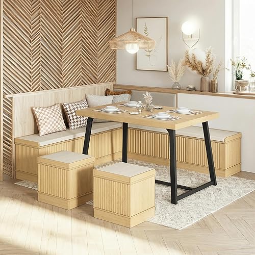 Miniatura 10 de Brafab Juego de mesa de comedor esquinera, juego de mesa de desayuno de 72 pulgadas con banqueta tapizada, juego de mesa de comedor de banco Gris