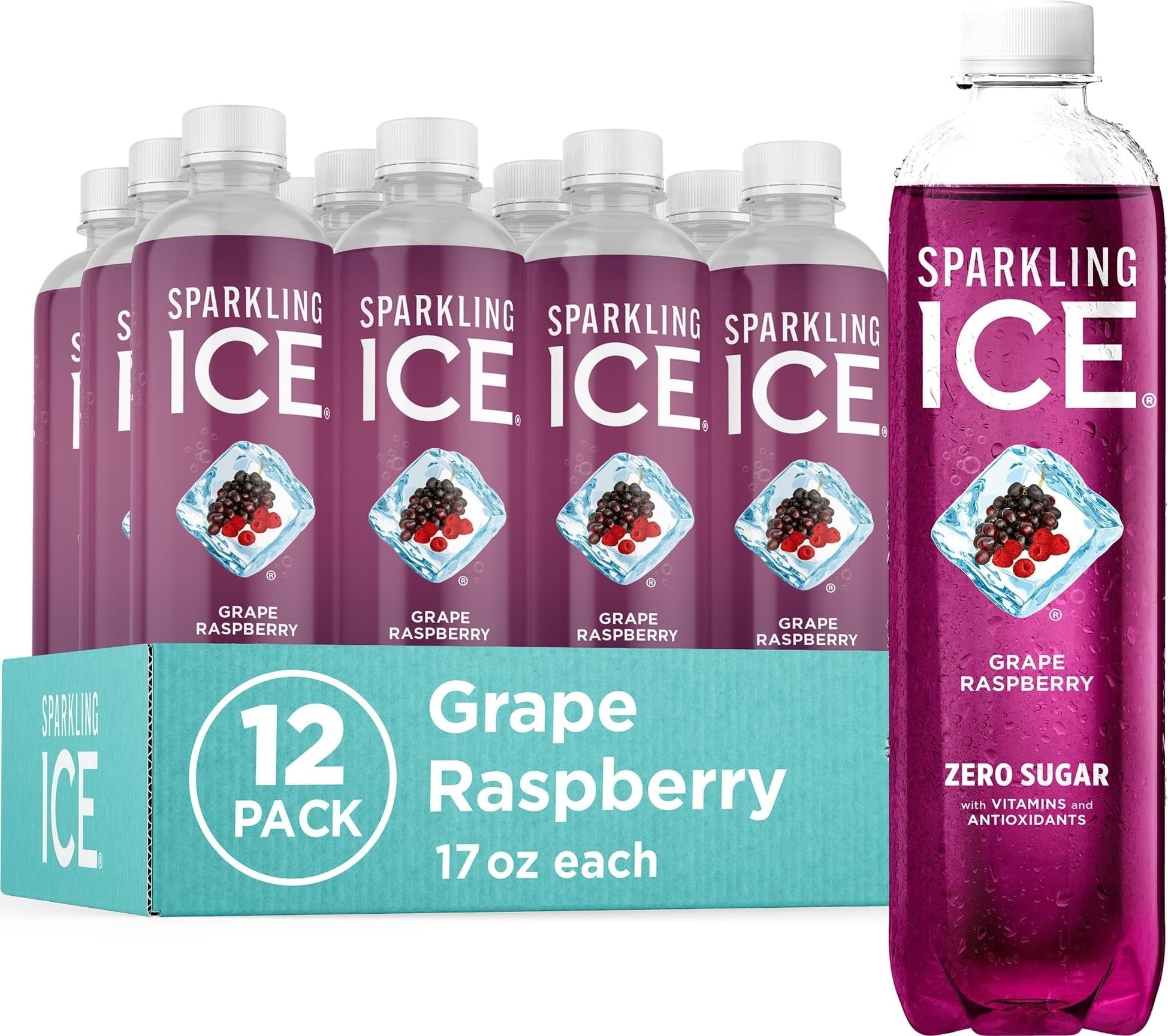 Sparkling Ice, Grape Raspberry Sparkling Water, Zero Sugar Flavored Water, with Vitamins and Antioxidants, Low Calorie Beverage, 17 fl oz Bottles (Pack of 12)