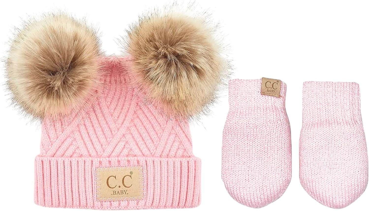 Funky Junque Matching 2 Pack Baby/Infant Double Pom Beanie & Mittens: Diagonal Basketweave Pattern - Pink
