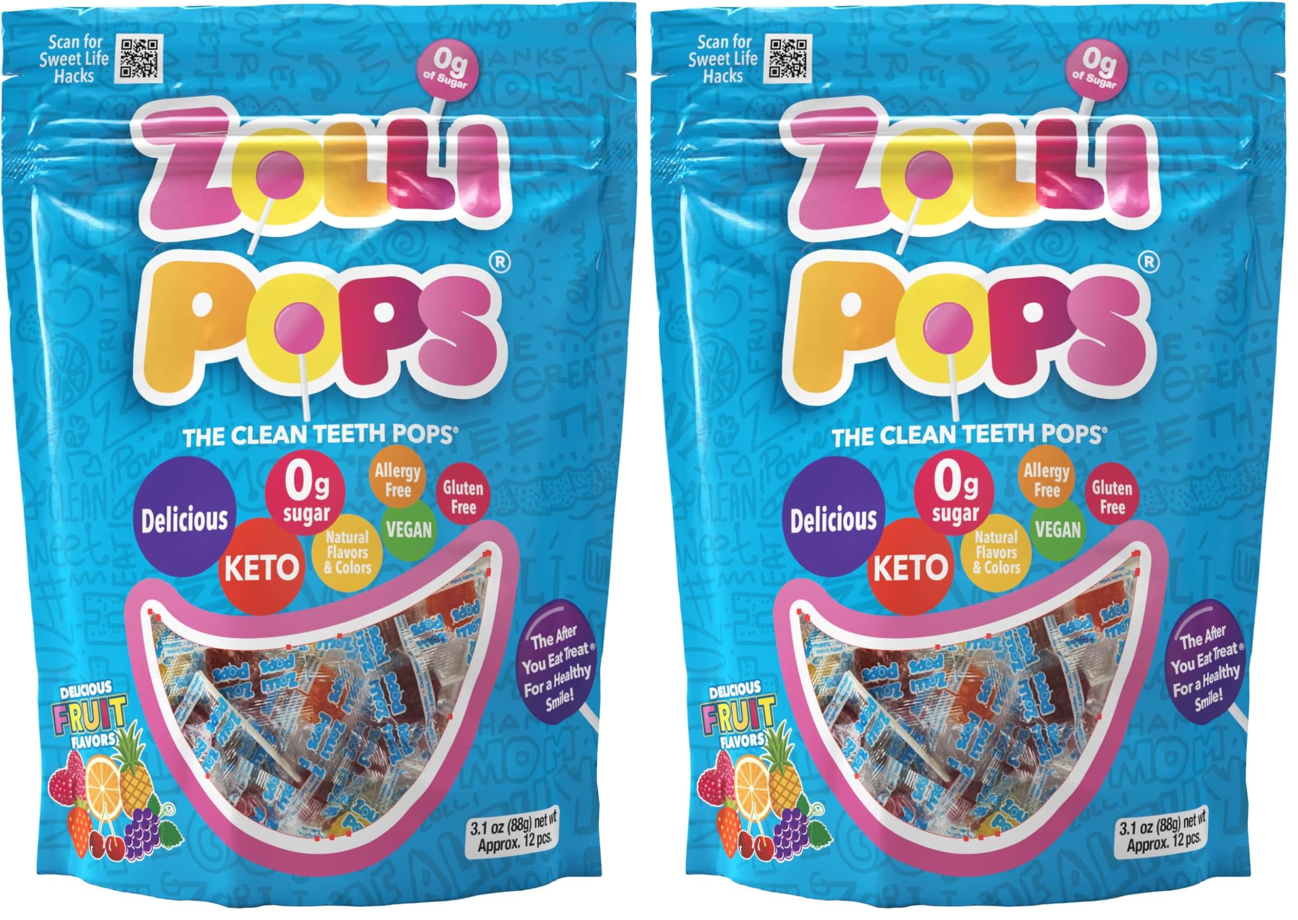 Zollipops Clean Teeth Lollipops - AntiCavity Sugar Free Candy for a Healthy Smile Great for Kids, Diabetics and Keto Diet. Natural Fruit Variety, 3.1 Ounce (Pack of 2)