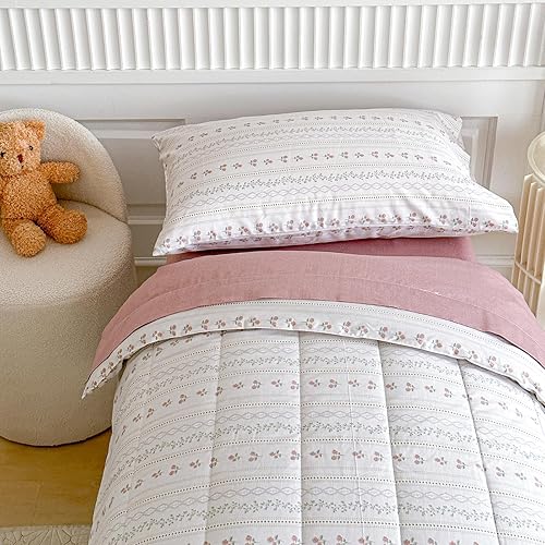 Miniatura 10 de Joyreap Juego de ropa de cama de algodón de 4 piezas para niñas, diseño de flores y hojas rosas, juego de edredón de algodón suave y transpirable,