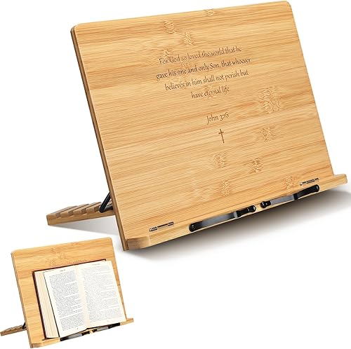Geelin Soporte grande para la Biblia para exhibir en casa, 15 x 11 pulgadas, soporte ajustable de bambú para la Biblia, bandeja y clip de página,