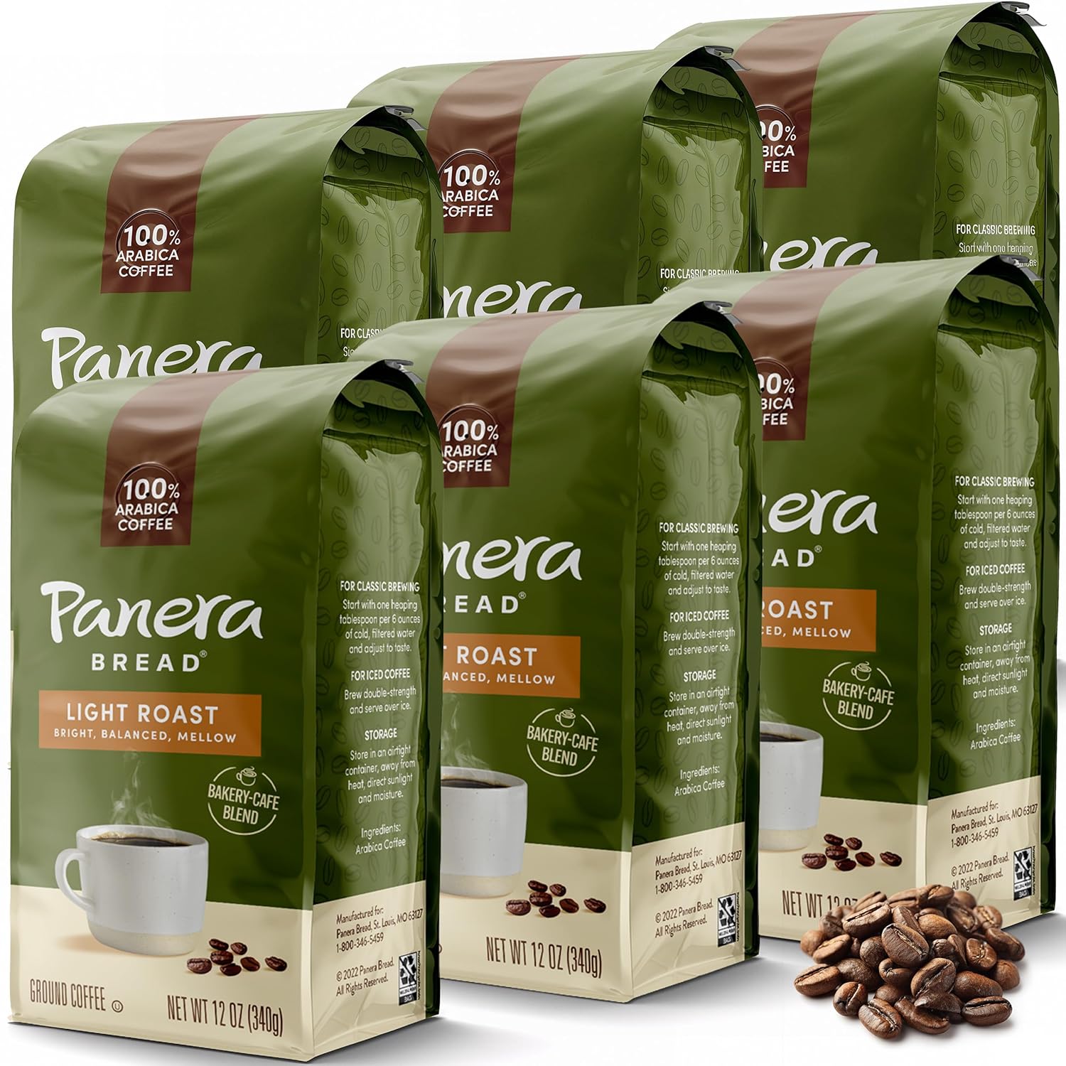 Panera Light Roast Ground Coffee, 100% Arabica, Sustainably Sourced – Smooth, Bright & Balanced Flavor – Clean Label, No Artificial Ingredients – Kosher, Gluten-Free 12oz Bag Pack of 6 (72oz Total)