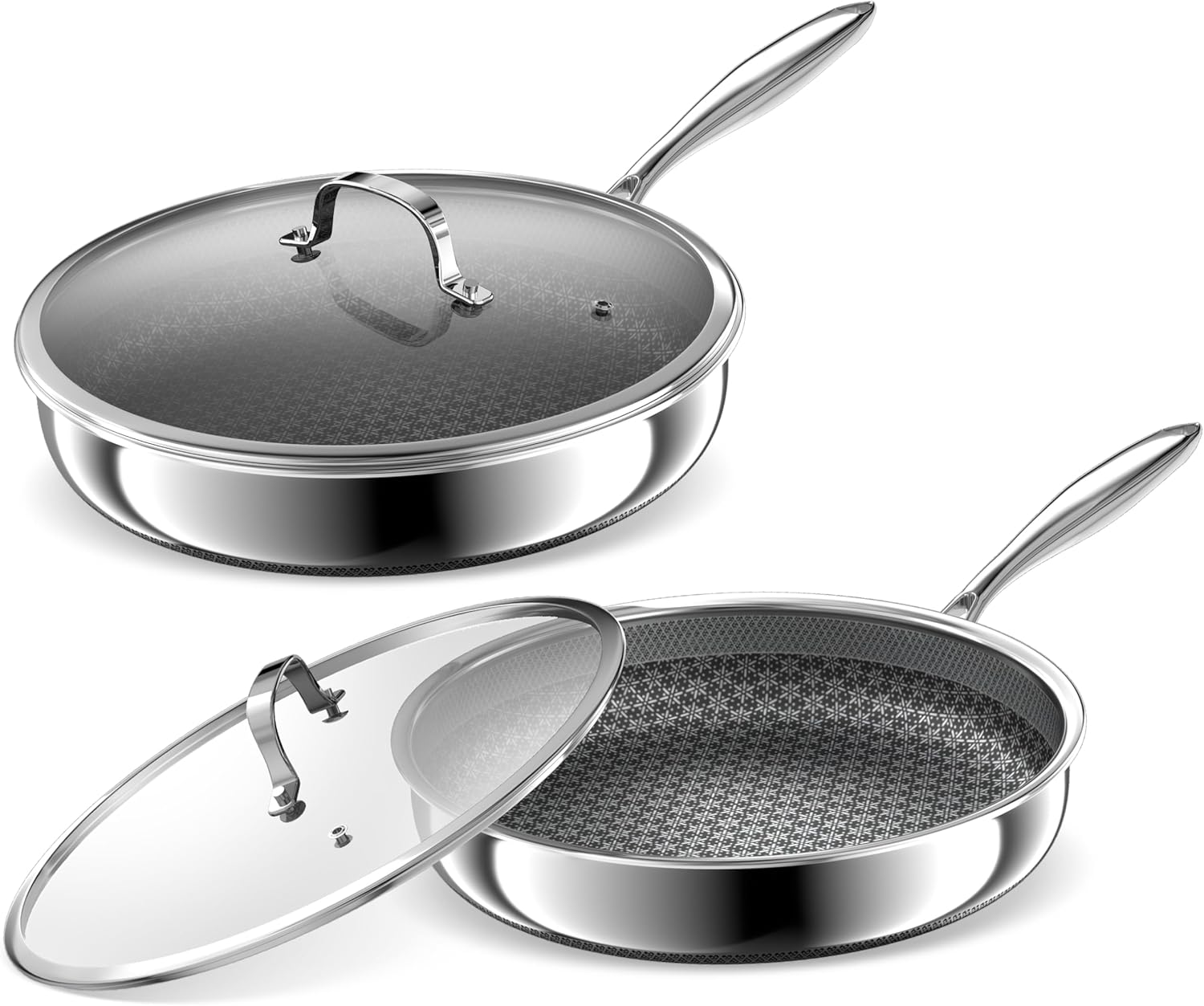 Hybrid Non Stick Frying Pans 2 Piece set, Stainless Steel Frying Pans with Tempered Glass Lid, 10" 12" 5 Ply Induction Cookware, Oven-Safe Up to 800°F, Compatible with All Cooktops