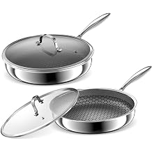 Hybrid Non Stick Frying Pans 2 Piece set, Stainless Steel Frying Pans with Tempered Glass Lid, 10" 12" 5 Ply Induction Cookware, Oven-Safe Up to 800F, Compatible with All Cooktops