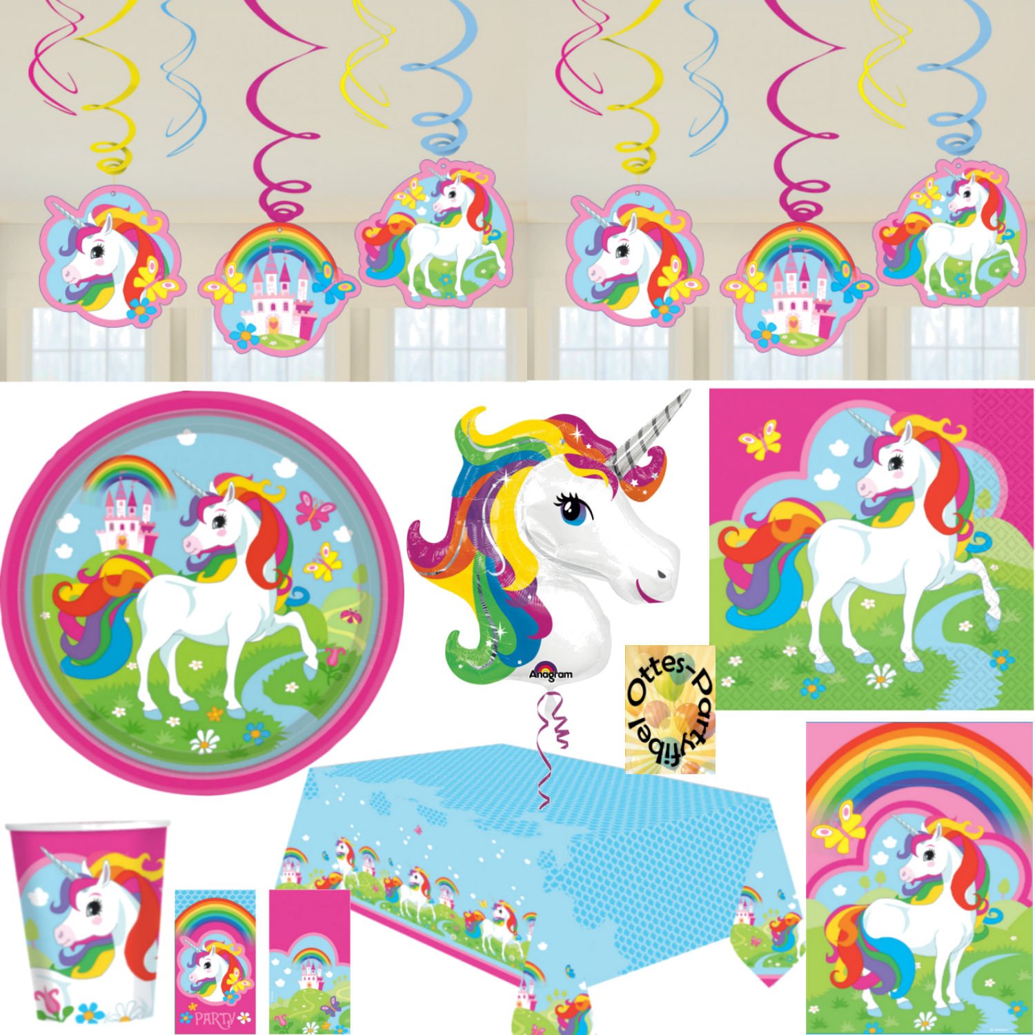 HHO Einhorn Regenbogen Partyset mit Deko 93tlg. für 16 Kinder Teller Becher Servietten 2 Tischdecken Tüten Einladung Ballon Wirbel