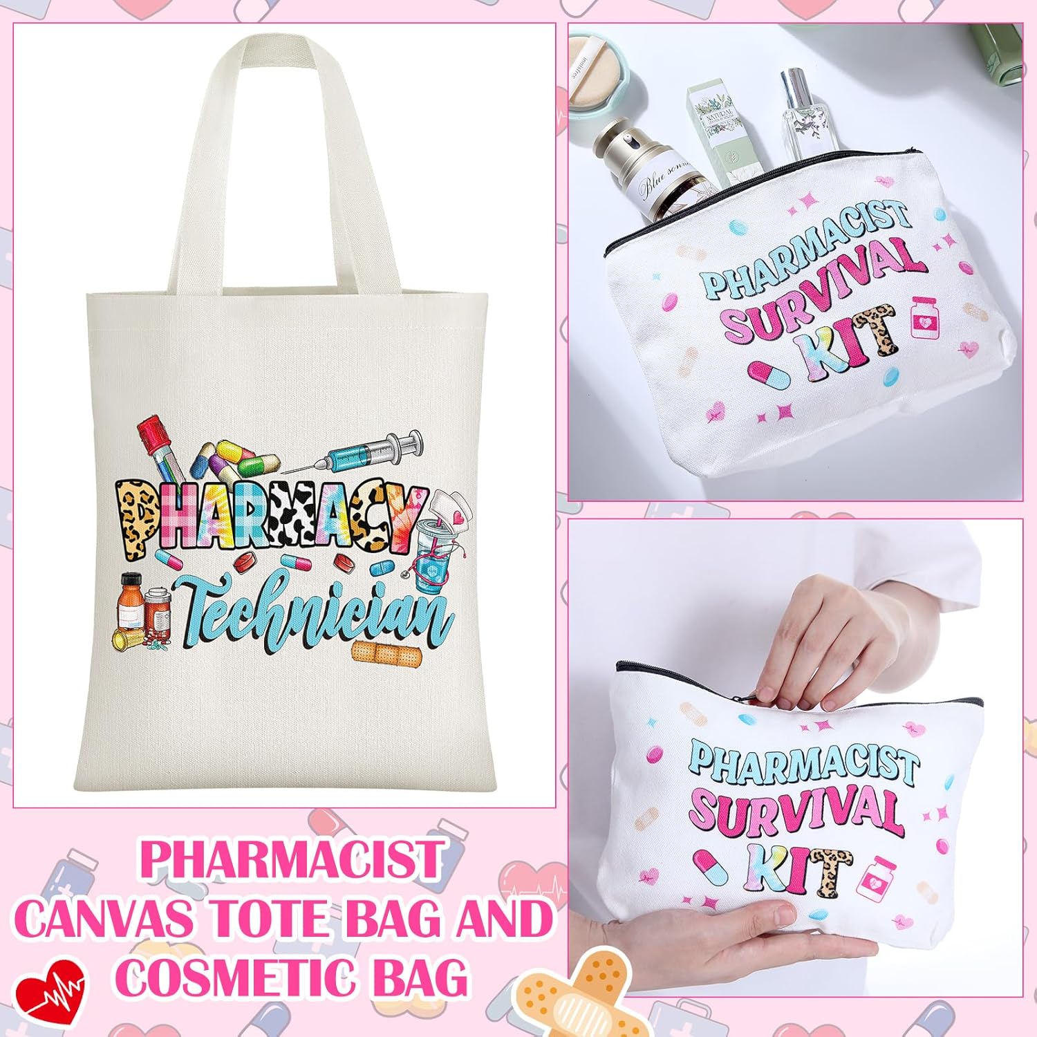 Mimorou 6 Pcs Pharmacist Gifts Set for Women Canvas Tote Bag Cosmetic Bag 16oz Glass Cup Pink Glitter Badge Reel Novelty Socks Unique Appreciation Gift for Pharmacists Pharmacy Technicianou - Image 3