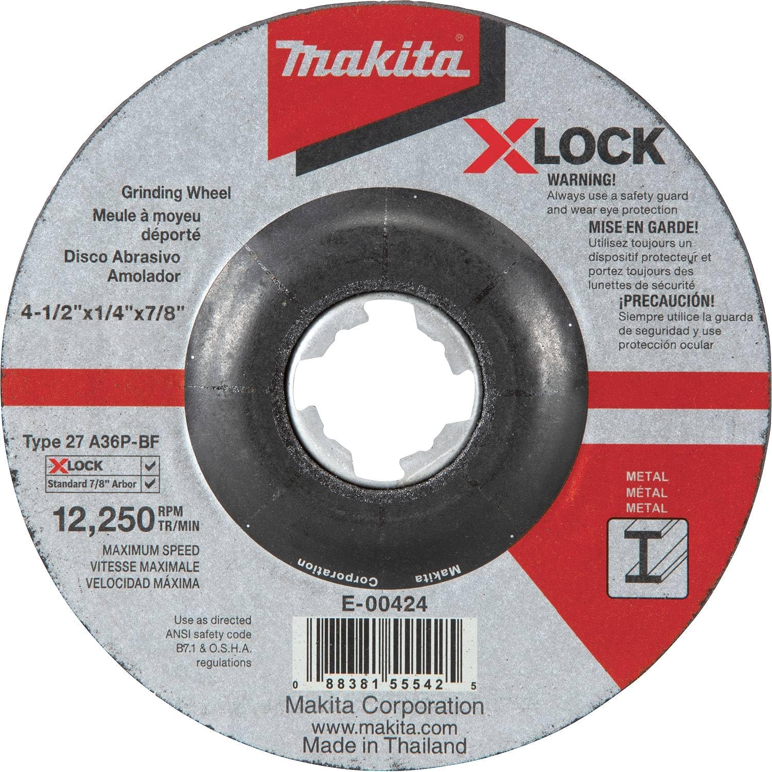 Makita E-00424 X-Lock 4-1/2" x 1/4" x 7/8" Type 27 General Purpose 36 Grit Metal Abrasive Grinding Wheel